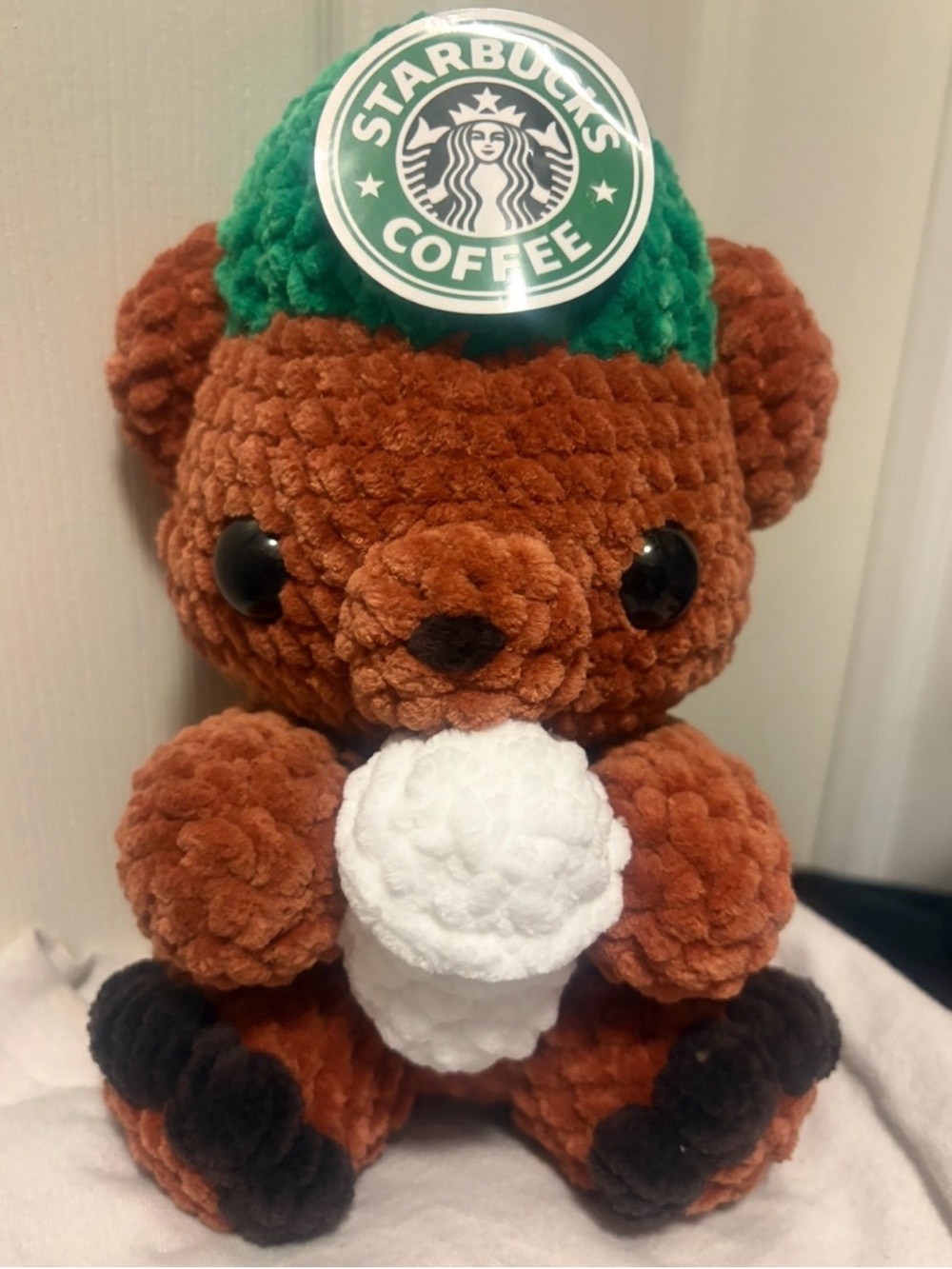 Starbucks Brown Bear Plush with Green Beanie and White Cup